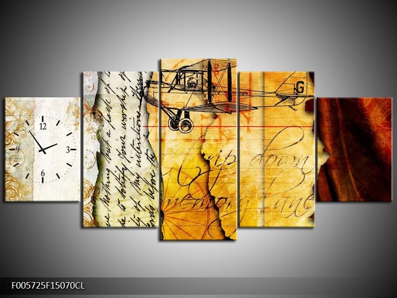 Klok schilderij Vliegtuig | Geel, Zwart | 150x70cm 5Luik