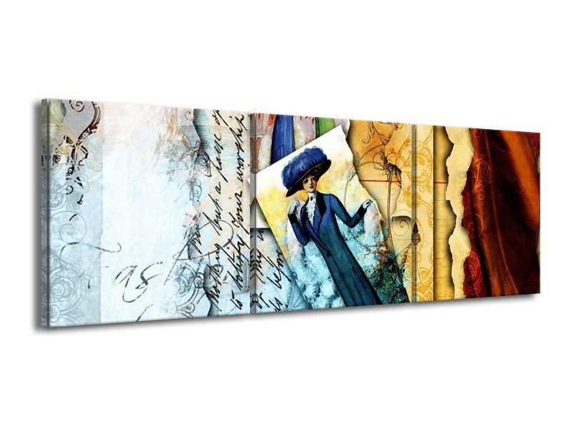 Glas schilderij Vrouw | Blauw, Crème | 150x50cm 3Luik