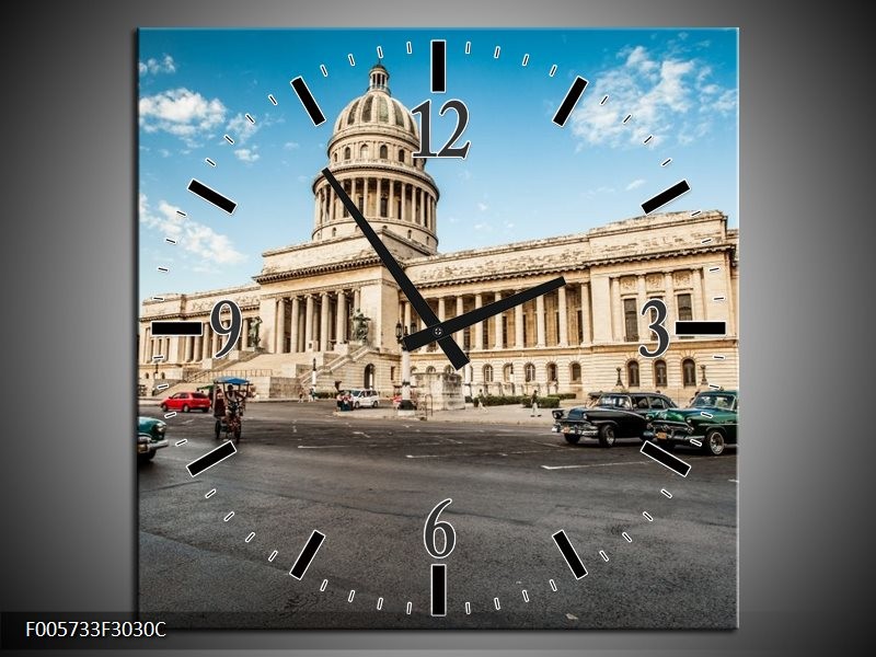 Klok schilderij Gebouw | Grijs, Blauw, Crème | 30x30cm 1Luik