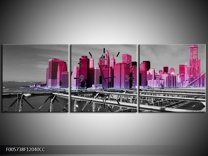 Klok schilderij New York | Paars, Grijs, Zwart | 120x40cm 3Luik