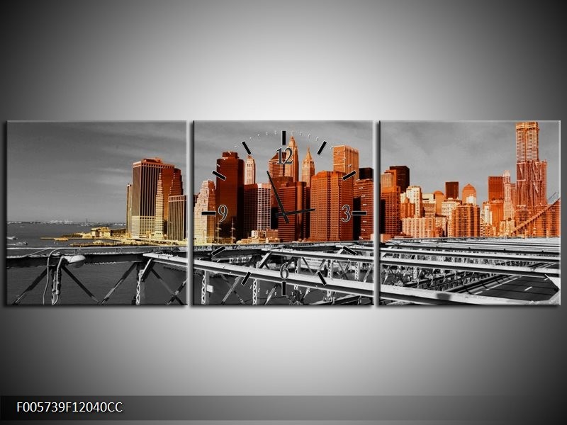 Klok schilderij New York | Oranje, Grijs, Zwart | 120x40cm 3Luik