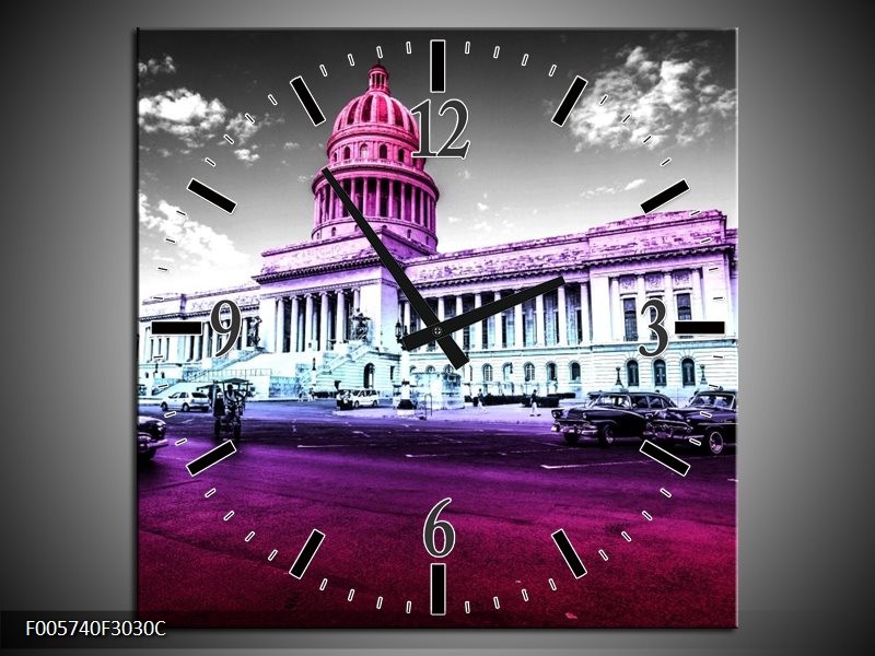 Klok schilderij Gebouw | Paars, Zwart | 30x30cm 1Luik