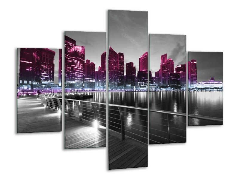 Glas schilderij Wolkenkrabber | Paars, Zwart | 100x70cm 5Luik