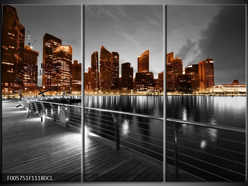 Klok schilderij Wolkenkrabber | Bruin, Zwart | 111x80cm 3Luik