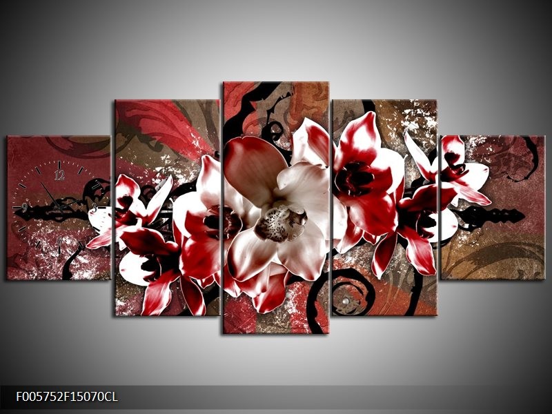 Klok schilderij Orchidee | Rood, Wit, | 150x70cm 5Luik