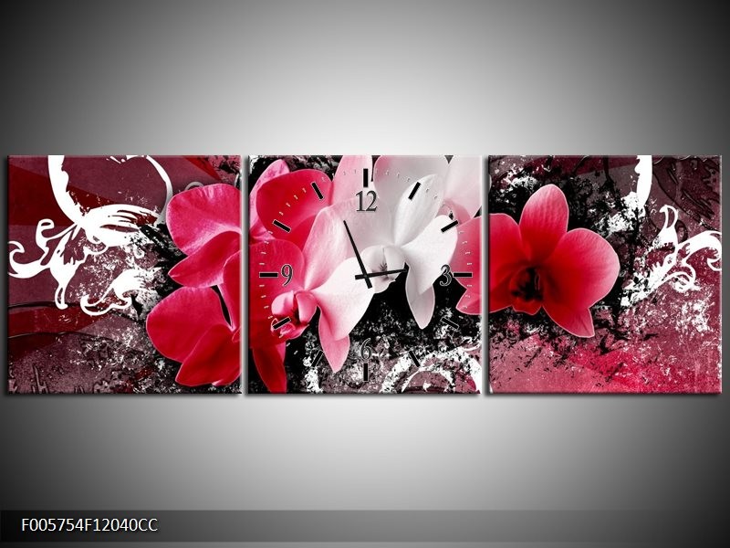 Klok schilderij Orchidee | Roze, Wit, Zwart | 120x40cm 3Luik