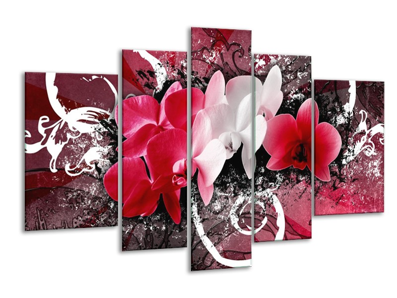 Canvas schilderij Orchidee | Roze, Wit, Zwart | 170x100cm 5Luik