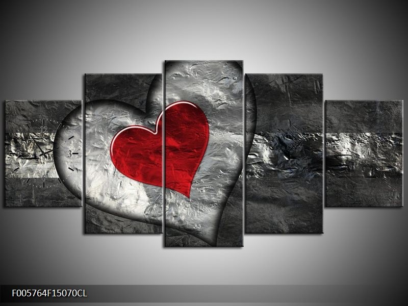 Klok schilderij Hart | Grijs, Rood, Zwart | 150x70cm 5Luik