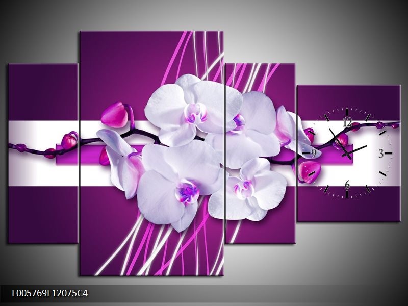 Klok schilderij Orchidee | Paars, Wit | 120x75cm 4Luik