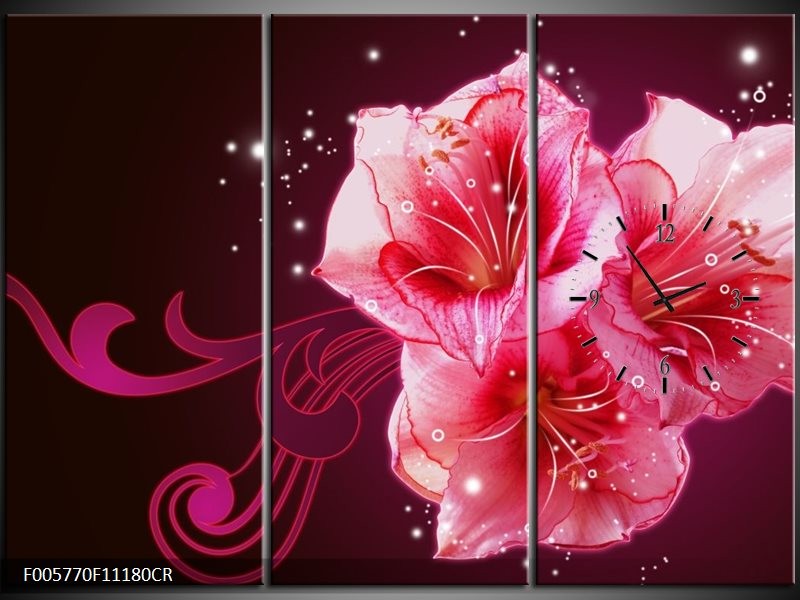 Klok schilderij Lelie | Roze, Paars, Zwart | 111x80cm 3Luik