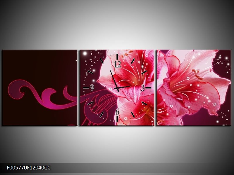 Klok schilderij Lelie | Roze, Paars, Zwart | 120x40cm 3Luik