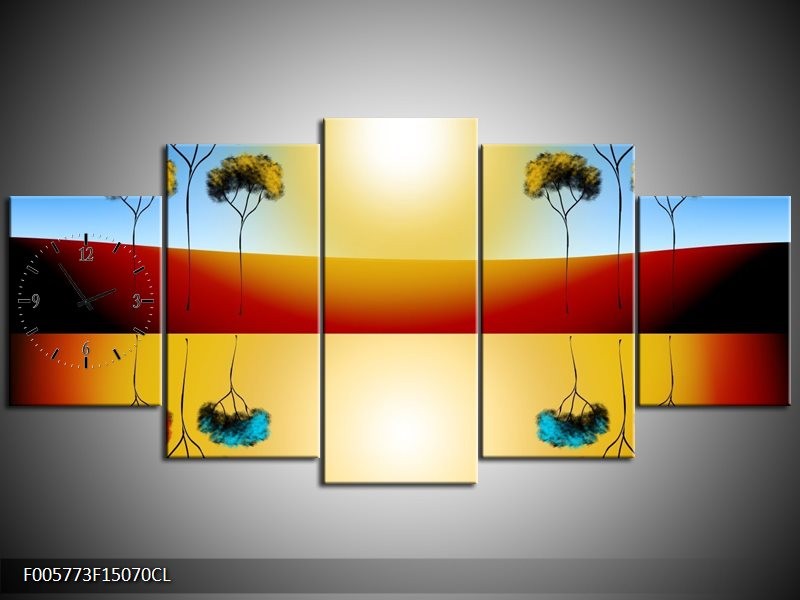 Klok schilderij Reflectie | Bruin, Geel, Blauw | 150x70cm 5Luik