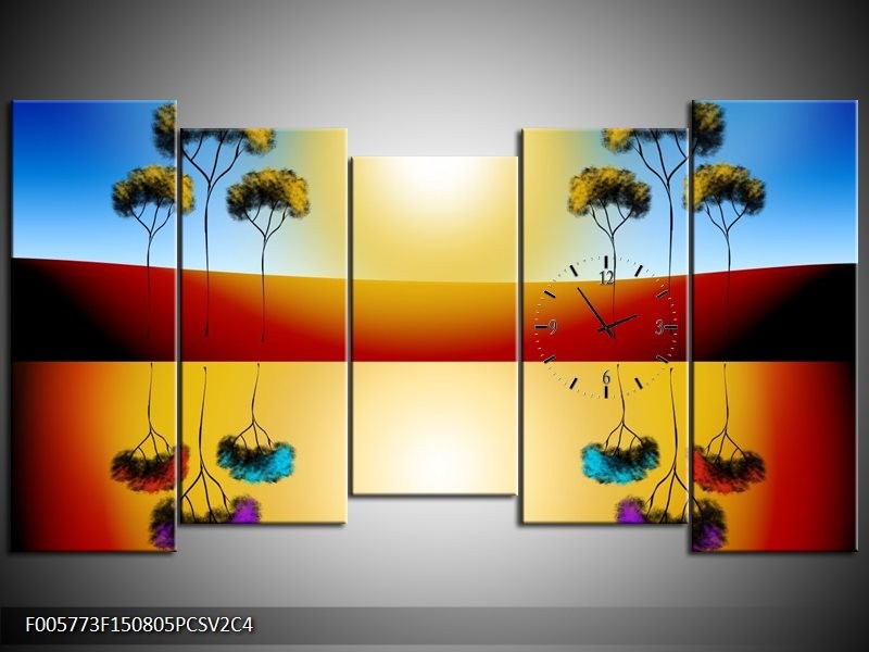 Klok schilderij Reflectie | Bruin, Geel, Blauw | 150x80cm 5Luik