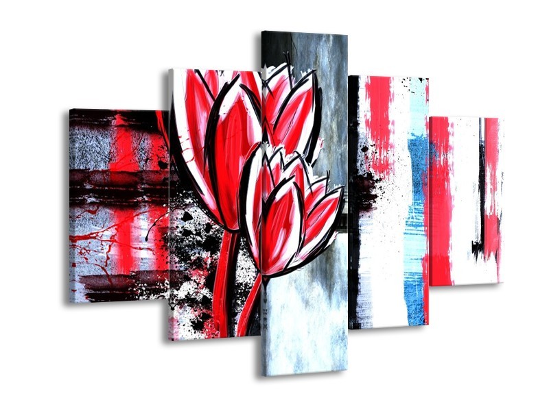 Canvas schilderij Tulp | Rood, Zwart, Wit | 150x105cm 5Luik