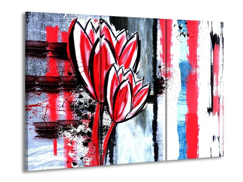 Glas schilderij Tulp | Rood, Zwart, Wit | 90x60cm 3Luik