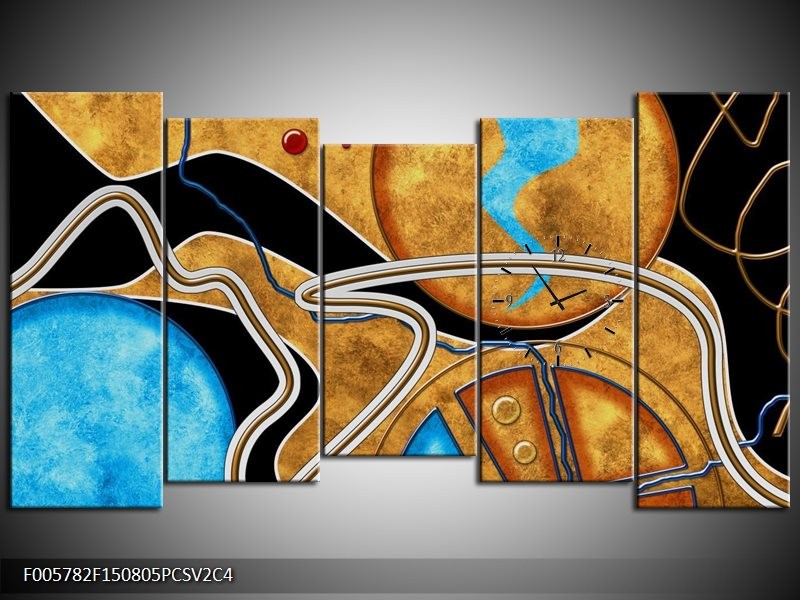 Klok schilderij Cirkel | Bruin, Blauw | 150x80cm 5Luik