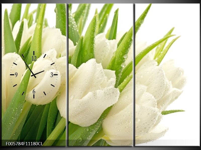 Klok schilderij Tulpen | Wit, Groen | 111x80cm 3Luik