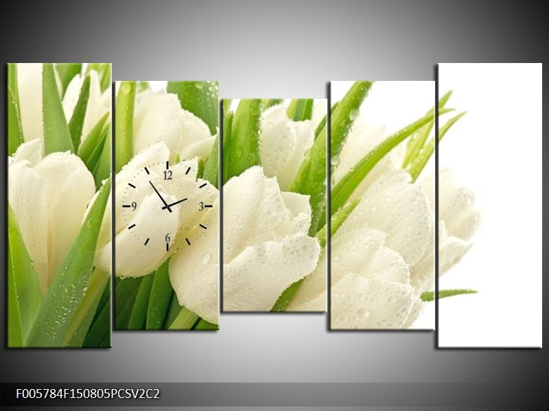 Klok schilderij Tulpen | Wit, Groen | 150x80cm 5Luik