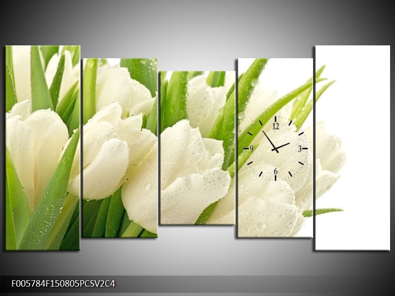 Klok schilderij Tulpen | Wit, Groen | 150x80cm 5Luik