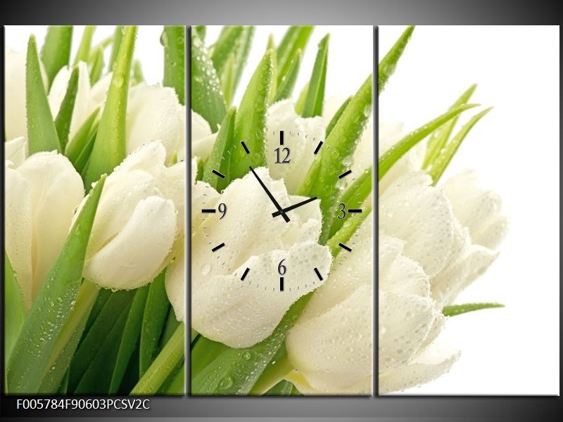 Klok schilderij Tulpen | Wit, Groen | 90x60cm 3Luik