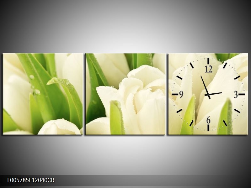 Klok schilderij Tulpen | Wit, Groen | 120x40cm 3Luik