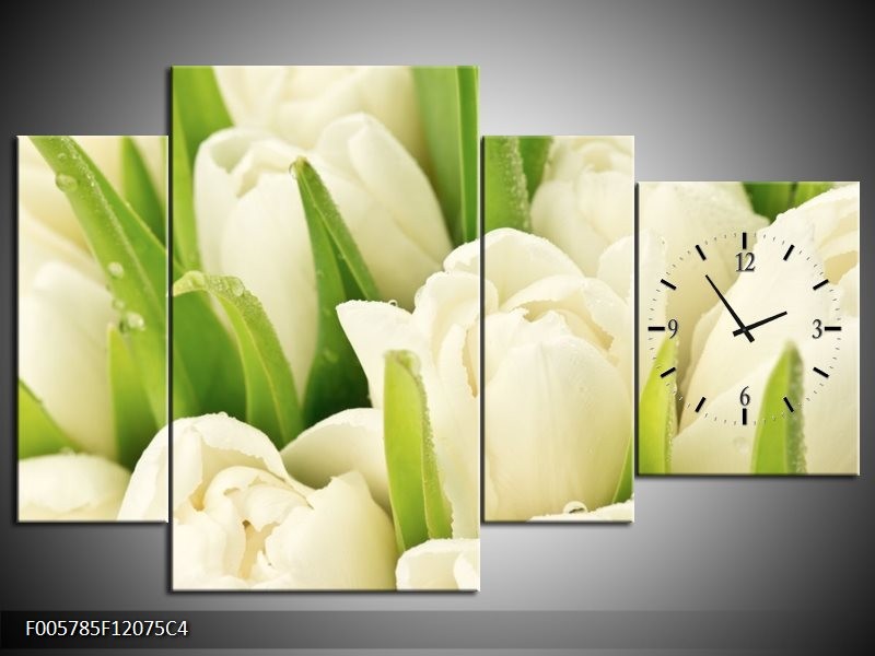 Klok schilderij Tulpen | Wit, Groen | 120x75cm 4Luik