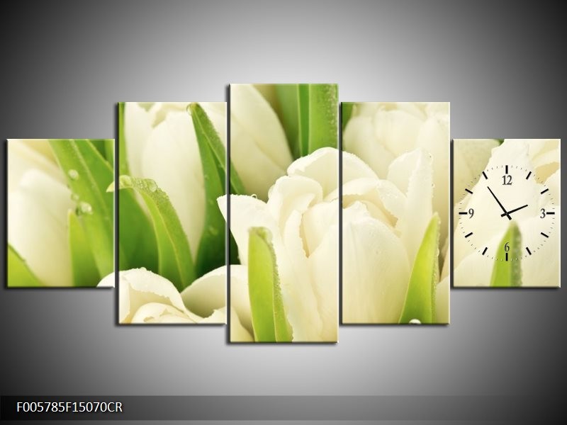 Klok schilderij Tulpen | Wit, Groen | 150x70cm 5Luik