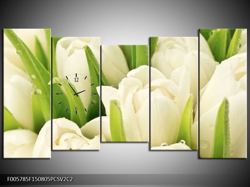 Klok schilderij Tulpen | Wit, Groen | 150x80cm 5Luik