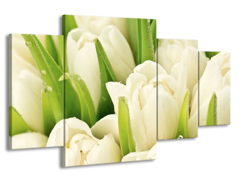 Canvas schilderij Tulpen | Wit, Groen | 160x90cm 4Luik