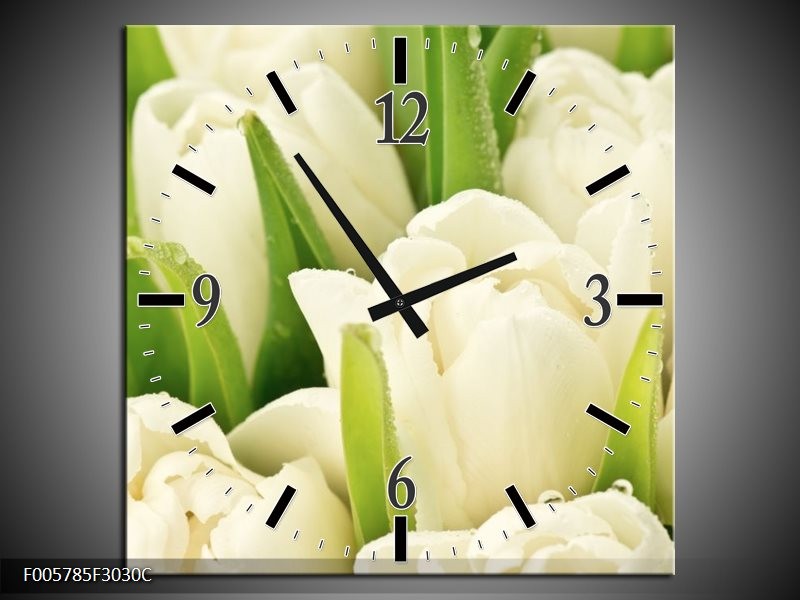Klok schilderij Tulpen | Wit, Groen | 30x30cm 1Luik