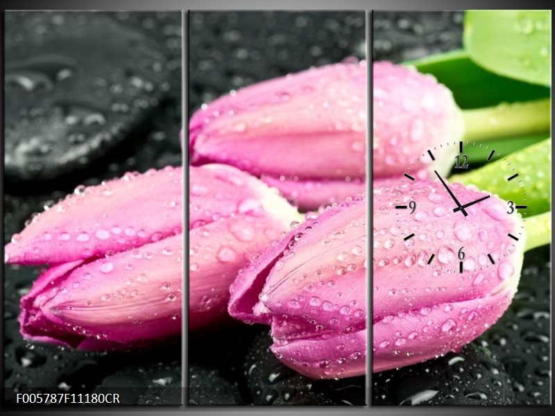 Klok schilderij Tulpen | Roze, Zwart | 111x80cm 3Luik