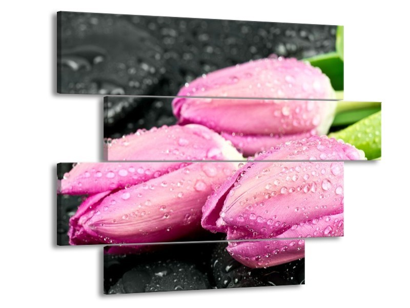 Canvas schilderij Tulpen | Roze, Zwart | 115x85cm 4Luik
