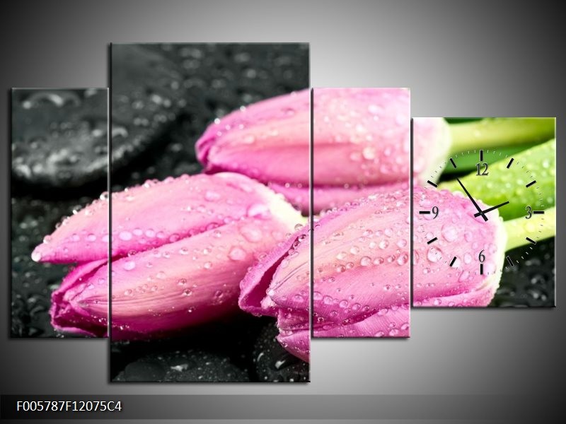 Klok schilderij Tulpen | Roze, Zwart | 120x75cm 4Luik