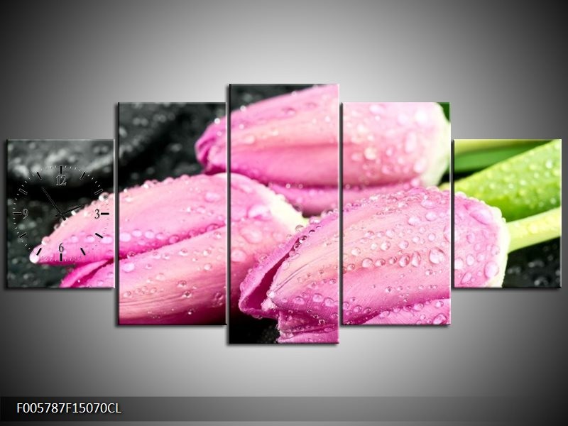 Klok schilderij Tulpen | Roze, Zwart | 150x70cm 5Luik