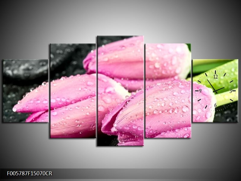 Klok schilderij Tulpen | Roze, Zwart | 150x70cm 5Luik