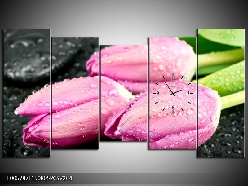 Klok schilderij Tulpen | Roze, Zwart | 150x80cm 5Luik
