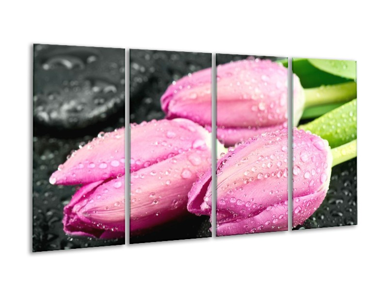 Canvas schilderij Tulpen | Roze, Zwart | 160x80cm 4Luik