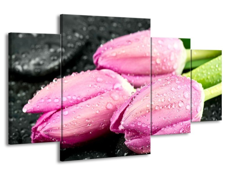 Canvas schilderij Tulpen | Roze, Zwart | 160x90cm 4Luik