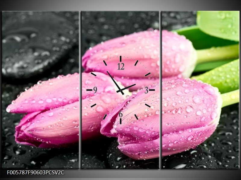 Klok schilderij Tulpen | Roze, Zwart | 90x60cm 3Luik