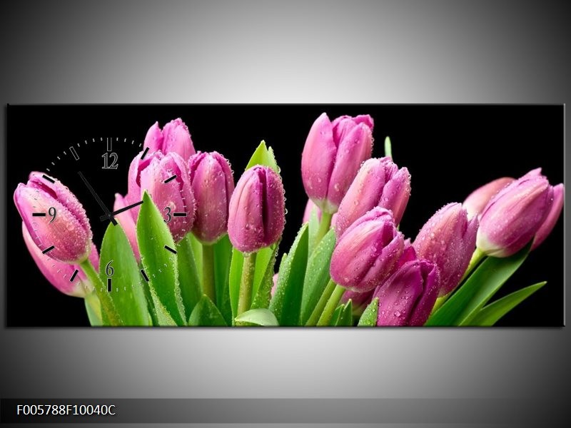 Klok schilderij Tulpen | Roze, Zwart, Groen | 100x40cm 1Luik