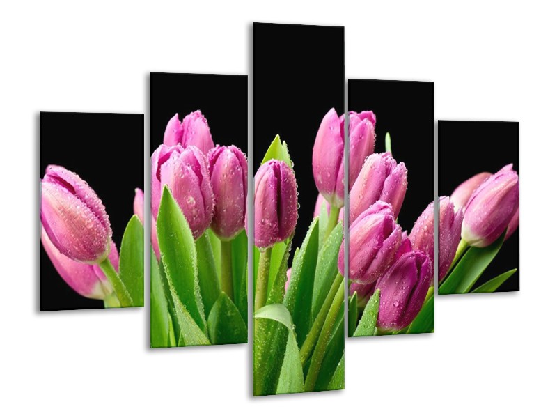 Canvas schilderij Tulpen | Roze, Zwart, Groen | 100x70cm 5Luik