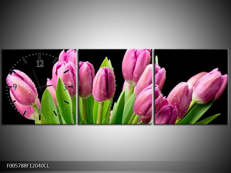 Klok schilderij Tulpen | Roze, Zwart, Groen | 120x40cm 3Luik