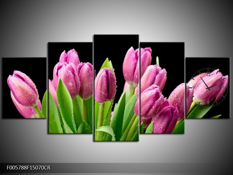 Klok schilderij Tulpen | Roze, Zwart, Groen | 150x70cm 5Luik