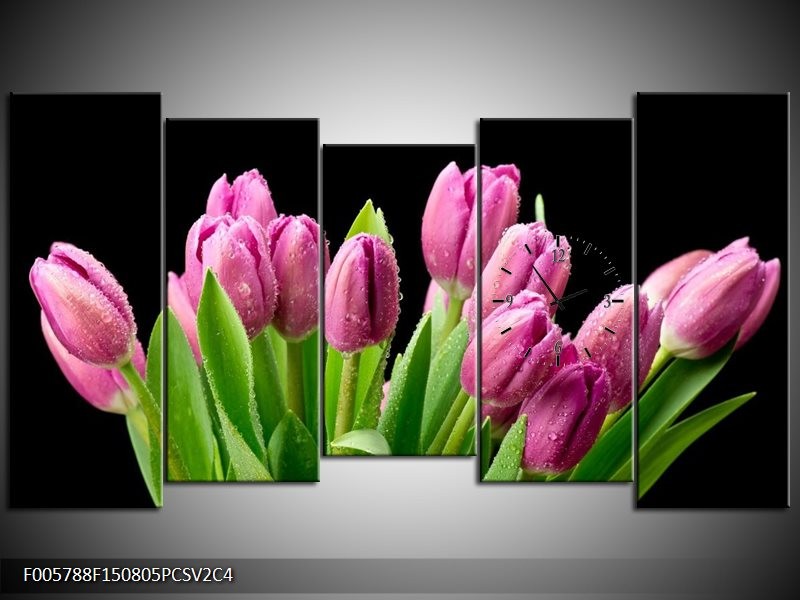 Klok schilderij Tulpen | Roze, Zwart, Groen | 150x80cm 5Luik
