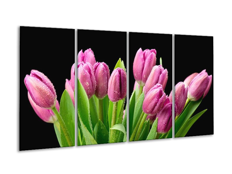 Canvas schilderij Tulpen | Roze, Zwart, Groen | 160x80cm 4Luik