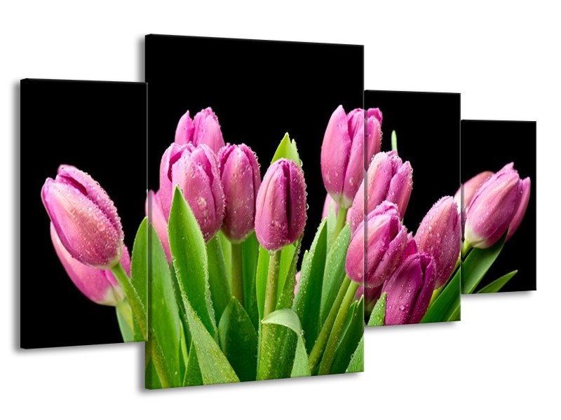 Canvas schilderij Tulpen | Roze, Zwart, Groen | 160x90cm 4Luik