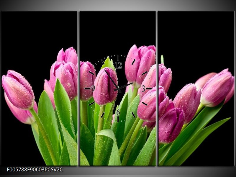 Klok schilderij Tulpen | Roze, Zwart, Groen | 90x60cm 3Luik