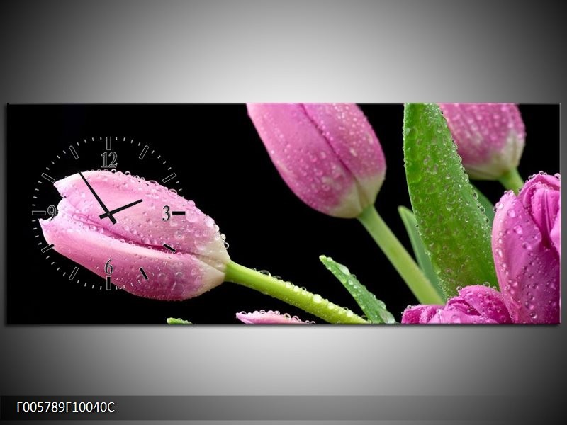 Klok schilderij Tulpen | Roze, Zwart, Groen | 100x40cm 1Luik