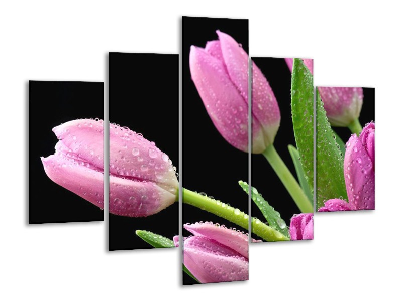 Canvas schilderij Tulpen | Roze, Zwart, Groen | 100x70cm 5Luik
