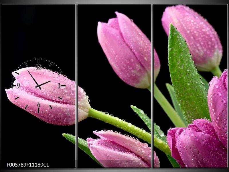 Klok schilderij Tulpen | Roze, Zwart, Groen | 111x80cm 3Luik